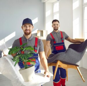 Umzugshelfer Zwei Umzugshelfer tragen einen Sessel und eine Zimmerpflanze – Umzugshelfer